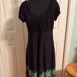 London Times Black Dress with Green Leaf Detail